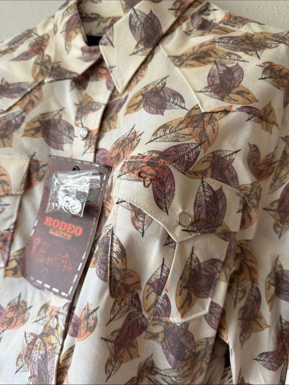 Rodeo Western Leaf Print Button-Down Shirt - Cream/Brown - Picture 2 of 4